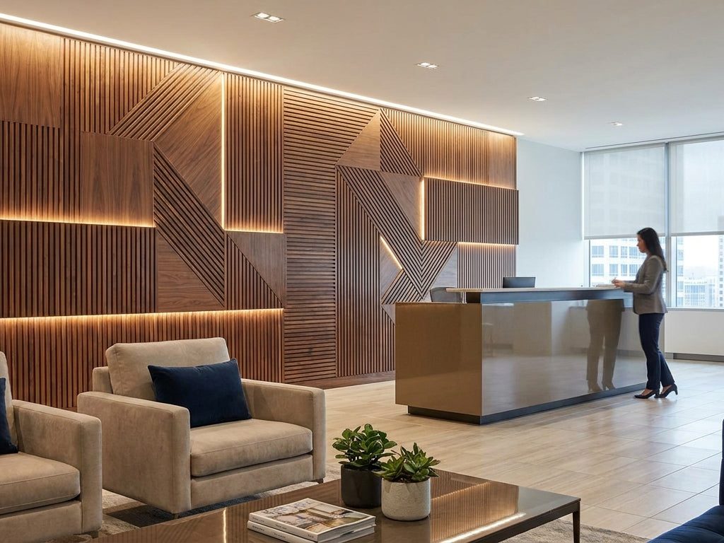 Modern commercial interior with a wood and textured feature wall in a reception area
